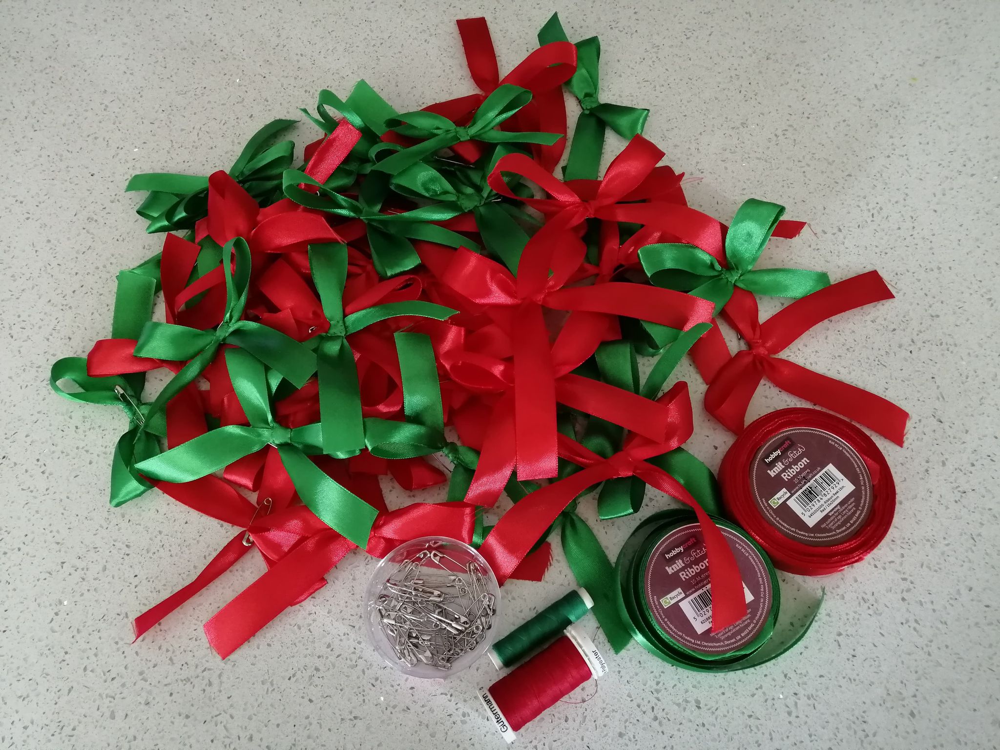 Red and green ribbon bows