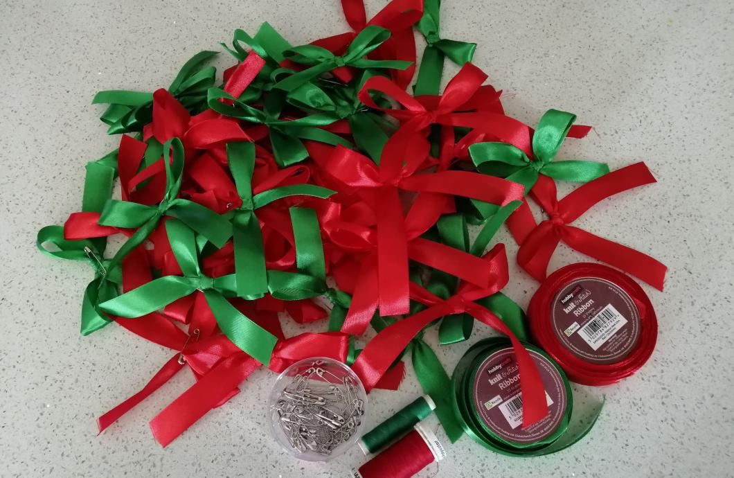 Red and green ribbon bows